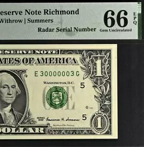 1999 年 $1 連邦準備銀行紙幣 PMG 66EPQ 宝石レーダー回転装置シリアル番号 30000003