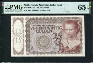 オランダ 1943-1944、25 グルデン、P60、PMG 65 EPQ GEM UNC