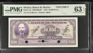 メキシコ銀行 SPECIMEN P#72s M4644Bs2b 1978 10,000 ペソ PMG Ch UNC 63 EPQ 78,650円