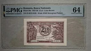 ルーマニア 2 レイ 1938 、PMG 64 UNC 。希少な未流通紙幣。ピック#39a