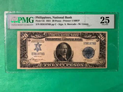 1921年 フィリピン国立銀行 20ペソ ジョーンズ議員 B381878B PMG VF 25 P-55