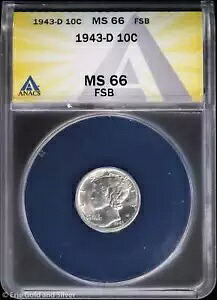 1943-D 10c マーキュリー ダイム ANACS MS 66 FSB |未流通 UNC BU 43,615円