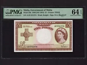 マルタ:P-24b、1ポンド、1949年（1954年）* QEII * PMG Gem UNC 64 EPQ *｜WORLD RESOURCE【QUEEN店】