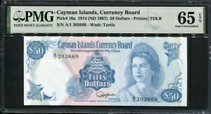 ケイマン諸島 1974年 (1987年)、50ドル、P10、PMG 65 EPQ GEM UNC|WORLD RESOURCE【QUEEN店】