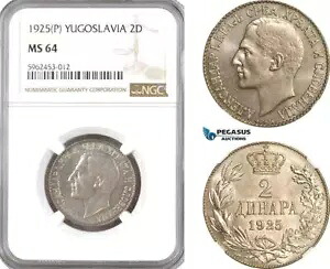 AH27、ユーゴスラビア、アレクサンダー I、2 ディナラ 1925 P、ポワシー ミント、NGC MS64