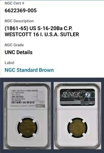 1861-65 16 I. アメリカ 20c サトラー トークン C.P.ウェストコット。 NGC Unc の詳細 CB1208