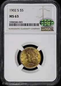 1902 S $5 ゴールド リバティ ヘッド ハーフ イーグル NGC MS 63 CAC |非流通UNC