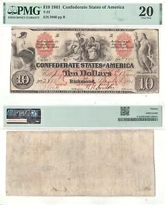 1861 年 $10 南軍紙幣 - T-22 - PMG VF-20