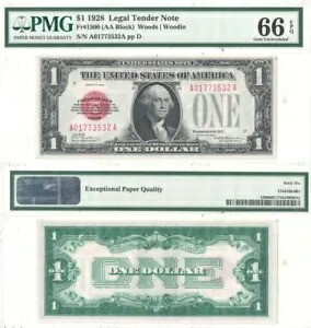1928 年 $1 法定通貨札 F-1500 PMG Gem-66 EPQ