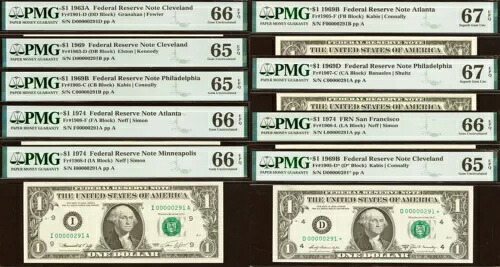 1 ドル連邦準備銀行券 PMG 67EPQ - ロット 9 一致、シリアル番号 291 スター