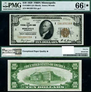 FR。 1860 I $10 1929 連邦準備銀行券 ミネアポリス I-A ブロック ジェム PMG CU66