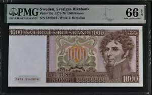 スウェーデン、スウェーデン国立銀行、P55a、1976-78、1000 クローナ、PMG 66EPQ 150,700円