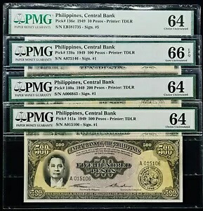 フィリピン 10、100、200、500 ペソ 1949 ピック番号 136 - 141 PMG: 64、66 UNC。 PL2700