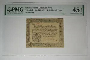 ペンシルベニア植民地紙幣 - 1781 年 4 月 20 日 - 2 シリング 6 ペンス - PMG EF-45 EPQ