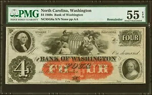 1860年代 ノースカロライナ州ワシントン - ワシントン銀行 - $4 - PMG 55 EPQ - 希少!|WORLD RESOURCE【QUEEN店】