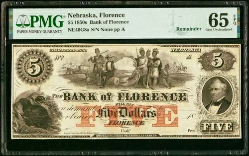 1850年代 - ネブラスカ州フローレンス - フローレンス銀行 $5 - 残り - PMG 65 EPQ - 素晴らしい！｜WORLD RESOURCE【QUEEN店】
