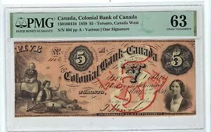 1859年 カナダ植民地銀行 $5 130100410 (トロント) UNC PMG 63