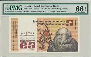 アイルランド中央銀行 5 ポンド 1986 ソリッド S/No 666666 PMG 66EPQ