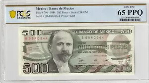 メキシコ 1984 500 ペソ PCGS 認定紙幣 ジェム UNC 65 PPQ ピック 79b