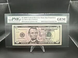 2009 年 $5 連邦準備紙幣、2012 年コインおよび通貨セット紙幣、PMG GEM UNC。