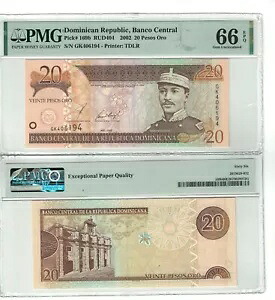 ドミニカ共和国 20 ペソ オロ 2002 Pick# 169b PMG: 66 EPQ GEM UNC. (#PL1130)