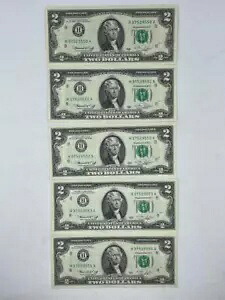 1976 年 $2 連邦準備銀行券、5 連続シリアル番号未流通 F5.38