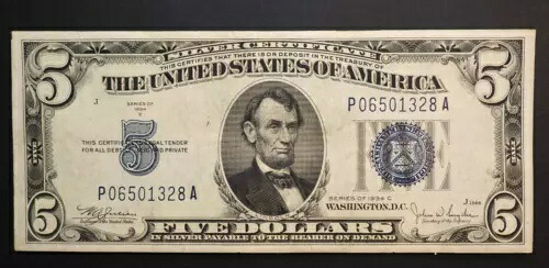 1934 C $5 シルバー証明書 **素敵なメモ** 送料無料 S2788