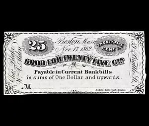 1862 年 25C 時代遅れの紙幣 ? マサチューセッツ州ボストン ? 保存に最適? 信頼できる?