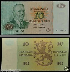 フィンランド紙幣 10 マルカ 1980 UNC、リットなし。あ