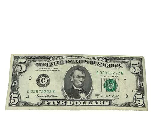 米国 1969-C $5 連邦準備券、S/N C 32872222 B (#466)