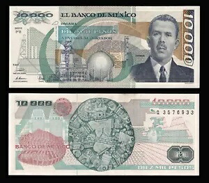 El Banco de Mexico 10,000 ペソ、1989 年 3 月 28 日、シリーズ PB。シリアル #3576933 P-90c UNC