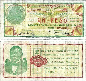 メキシコ、1ペソ、テソレリア・グラールエド。デ・オアハカ、1915 年 8 月 10 日、シリーズ P、S/N 624001、S-953e