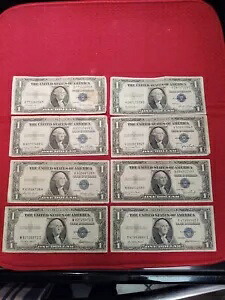 1935 年の $1 米国銀証明書シリーズ D(3)、E(3)、F(2) 合計 8 枚