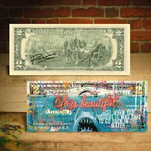 JAWS ホホジロキラーシャーク 2 ドル米国ビル ポップアート アーティスト レンシーによる直筆サイン入り