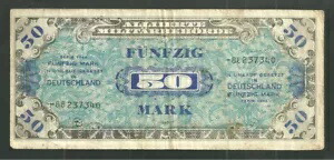 ドイツ 50 フュンツィヒ マーク 1944 第二次世界大戦 連合国軍用通貨紙幣 P# 196D
