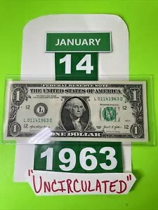 1 ドル誕生日メモ 1963 年 1 月 14 日。未流通。派手なシリアル番号
