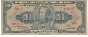 ブラジル紙幣 紙幣 200 クルゼイロス 1955 C038 シリアル 432 N001107