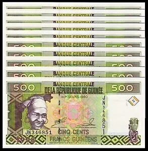 ギニア 500 フラン 1998 P 36 UNC アフリカ部族紙幣 x 10 枚