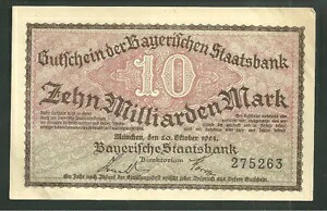 ドイツ バイエルン州 10 ゼン ミリアルデン マーク 1923 ドイツ ノットゲルト世界紙幣 37,895円
