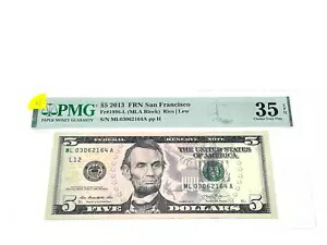 2013年 $5 5ドル、連邦準備銀行紙サンフランシスコカラー、PMG 35 CVF (#48)