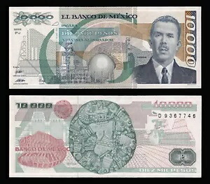 El Banco de Mexico 10,000 ペソ、1989 年 3 月 28 日、シリーズ PJ。シリアル #9367746 P-90c UNC