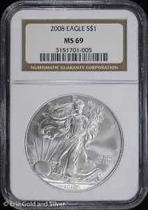 2008 $1 アメリカン シルバー イーグル NGC MS 69 |非流通 UNC BU