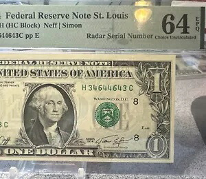 1974 年 $1 連邦準備銀行紙幣レーダー シリアル番号 (セントルイス「H」) PMG 64 EPQ