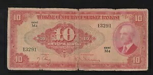 トルコ 10 リラ 1930(1947) P-147 セリエ M 4 * イスメット イノヌ大統領 * 紙幣