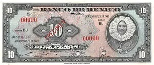 メキシコ 10 ペソ 1949 年 11 月 23 日 P 47ds シリーズ BU 見本未流通紙幣 XYZ3
