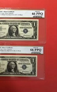 1957-2 CONS シルバー証明書 $1 紙幣、PCGS 宝石により等級分け、未流通 66 PPQ。