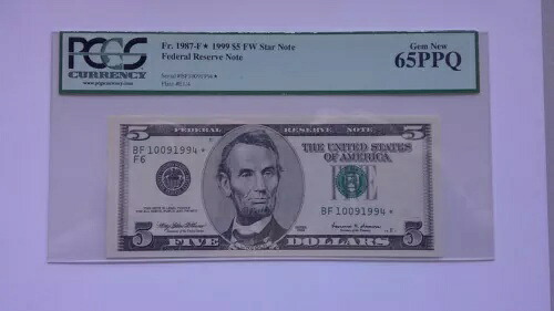米国連邦準備銀行紙幣 $5 1999 Gem Unc スターと日付紙幣 65 PPQ P#505