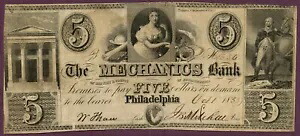1853 Mechanics Bank、フィラデルフィア、ペンシルバニア州 $5 紙幣 No.1536 H305-405 (L0216)