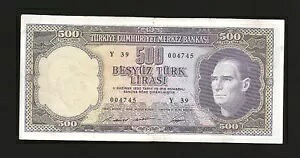 トルコ、500 リラ、1968 年、P-183、ケマル アタチュルク大統領、紙幣
