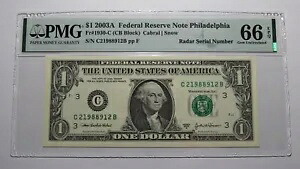 $1 2003 レーダー シリアル番号 連邦準備銀行通貨紙幣 PMG UNC66EPQ